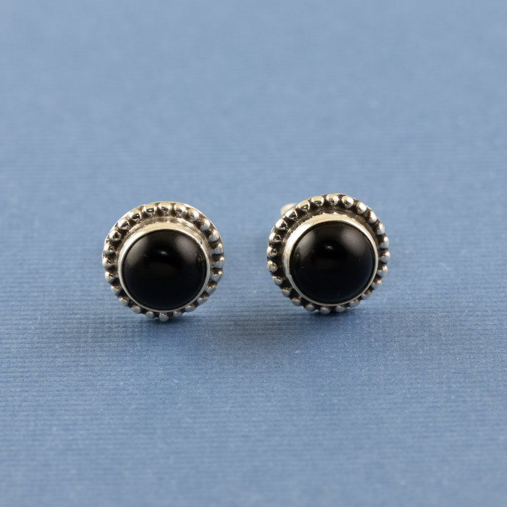 Praarambha Braided Round Silver Stud Earrings in Black Onyx