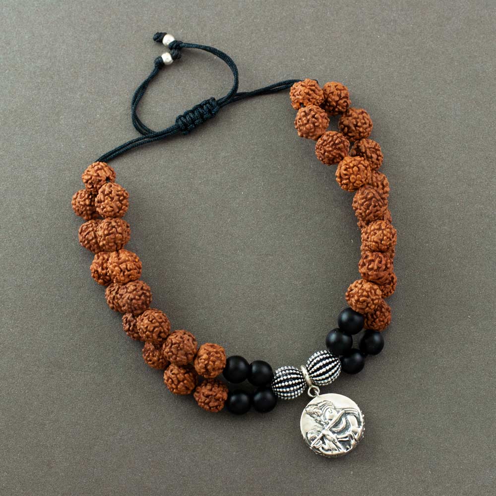 Radha Krishna Aashirwaad Silver Charm with Silver Centric Double Layer Rudraksh Rakhi Adjustable Bracelet