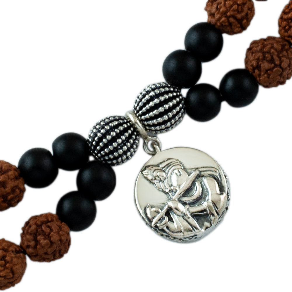 Radha Krishna Aashirwaad Silver Charm with Silver Centric Double Layer Rudraksh Rakhi Adjustable Bracelet