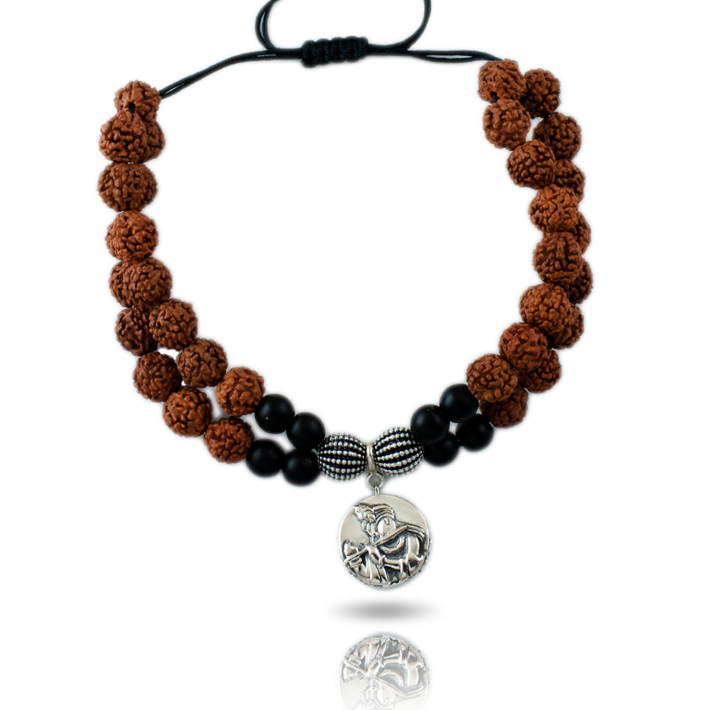 Radha Krishna Aashirwaad Silver Charm with Silver Centric Double Layer Rudraksh Rakhi Adjustable Bracelet