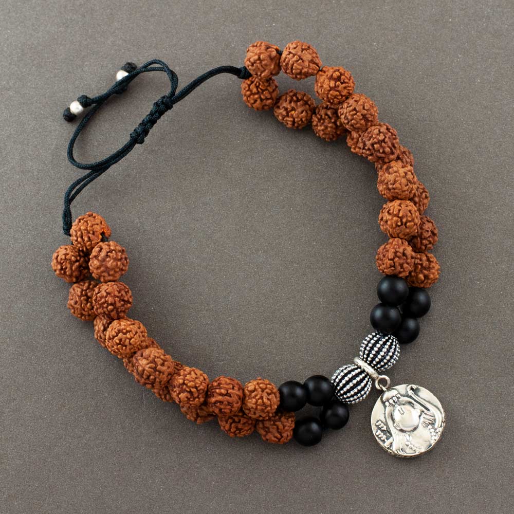Rama Sita Aashirwaad Silver Charm with Silver Centric Double Layer Rudraksh Rakhi Adjustable Bracelet