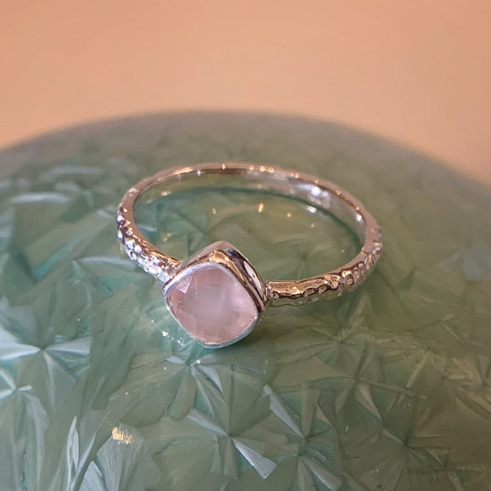 Sandhya Textured Silver Gemstone Ring in Square in Rose Quartz