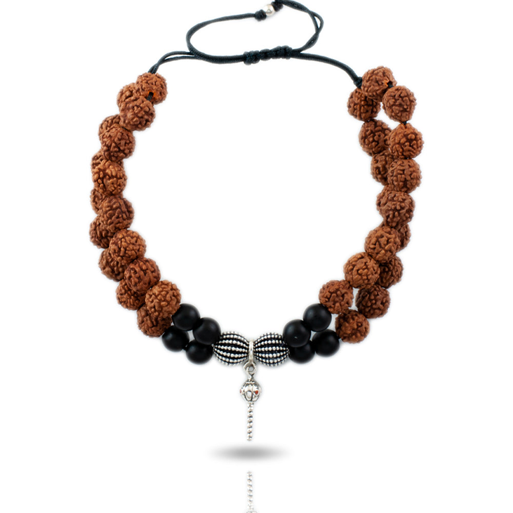 Sashakta Hanumanji Gada Silver Charm with Silver Centric Double Layer Rudraksh Rakhi Adjustable Bracelet