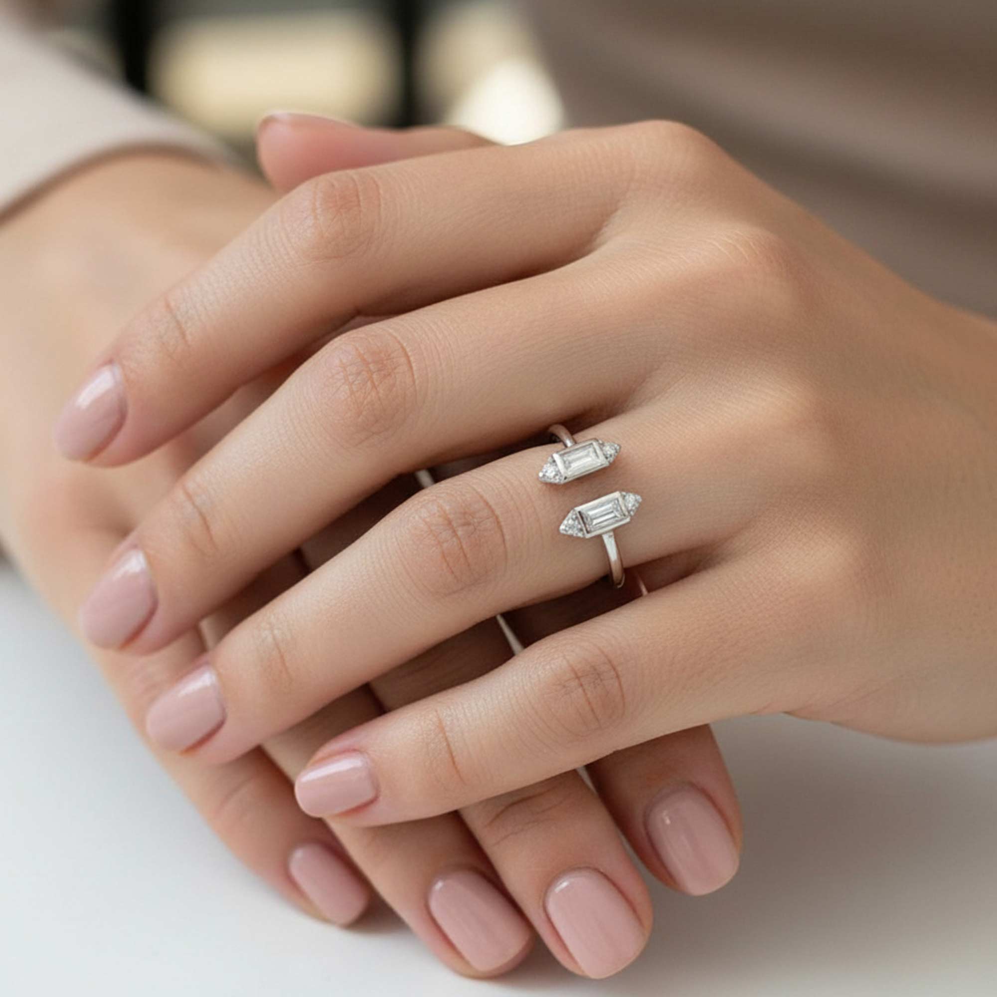 All That Glitters CZ Twin Ovals Adjustable Silver Ring-10 to 14