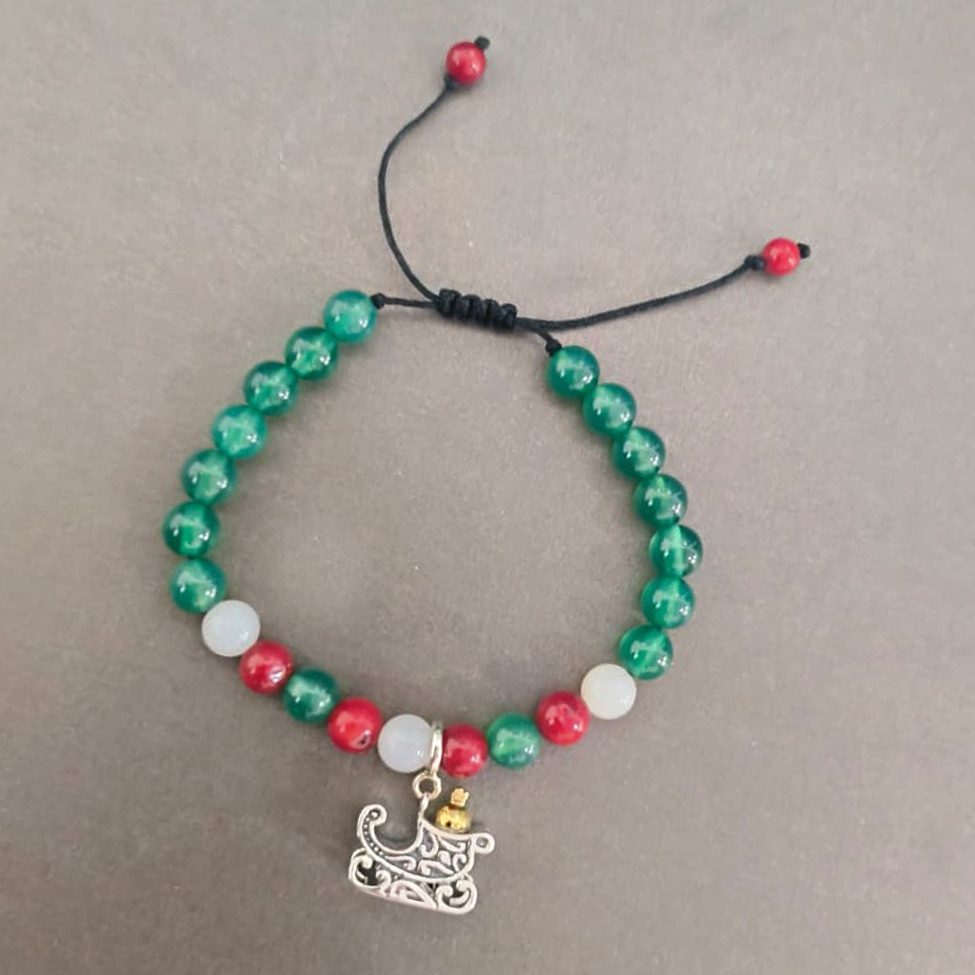 Colors of Christmas Adjustable Bead Bracelet with Santa's Sleigh Silver Charm