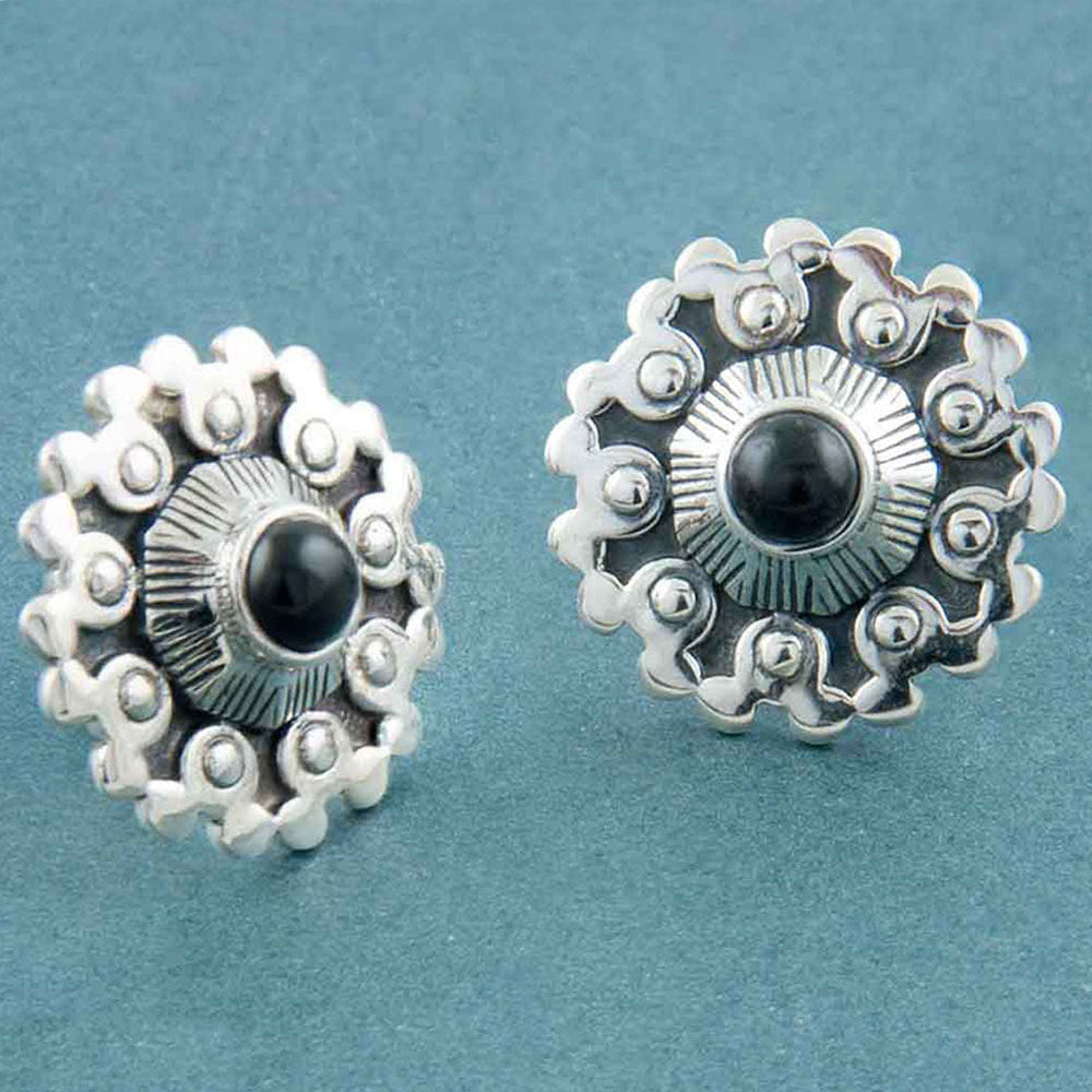 Silver Shield Button Earrings in Black Onyx