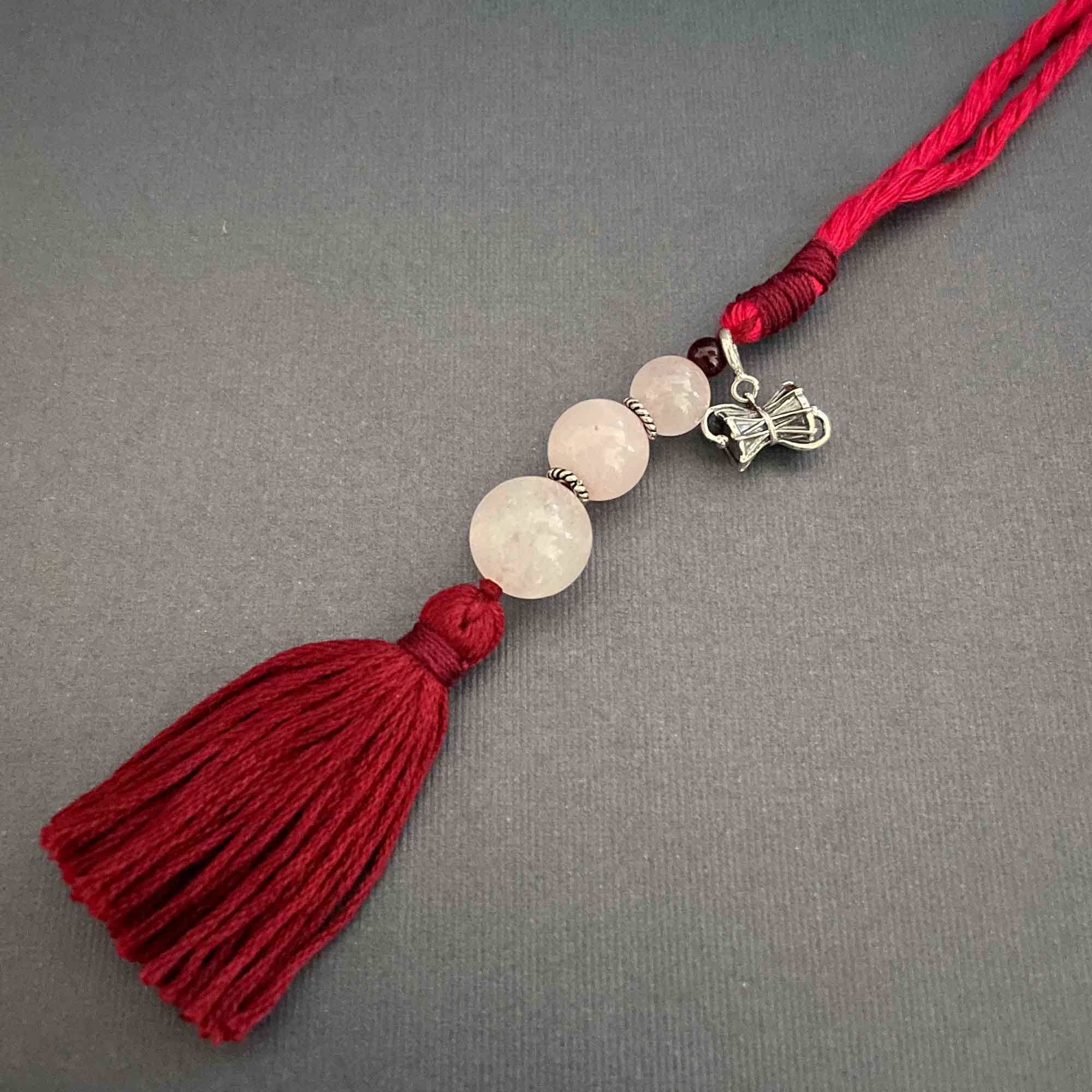 Damru Silver Charm with Rose Quartz Charmholder Lumba Rakhi