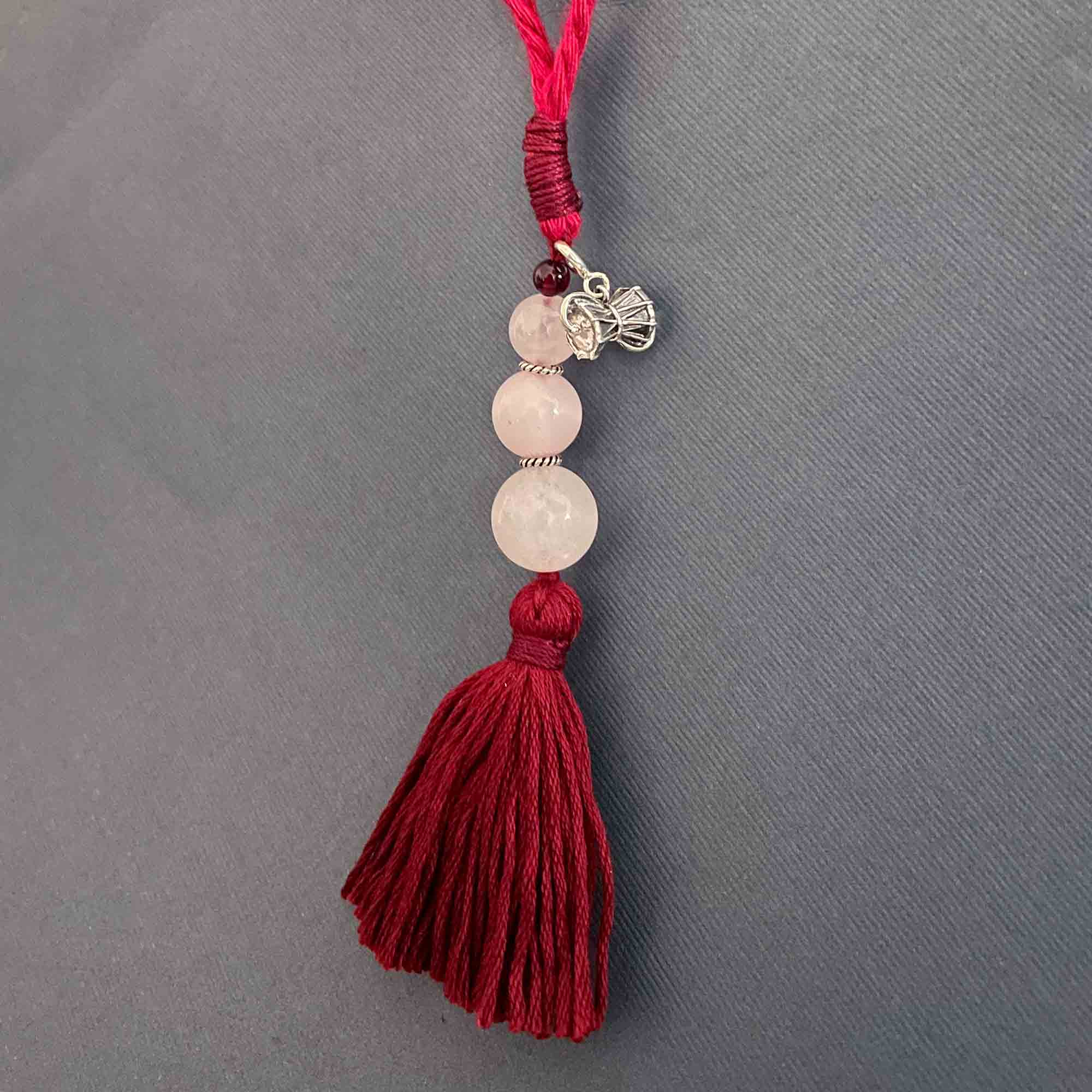 Damru Silver Charm with Rose Quartz Charmholder Lumba Rakhi