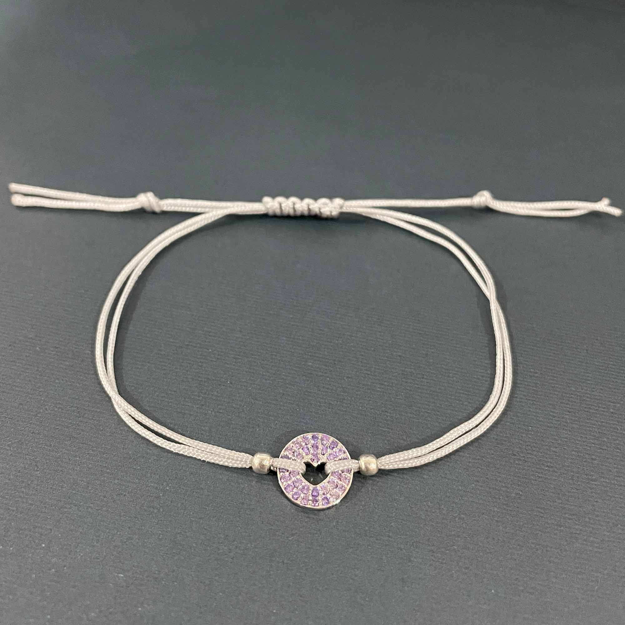 Floating Heart Pendant in Smokey Purple with Simplicity Adjustable Nylon Thread Bracelet-Grey