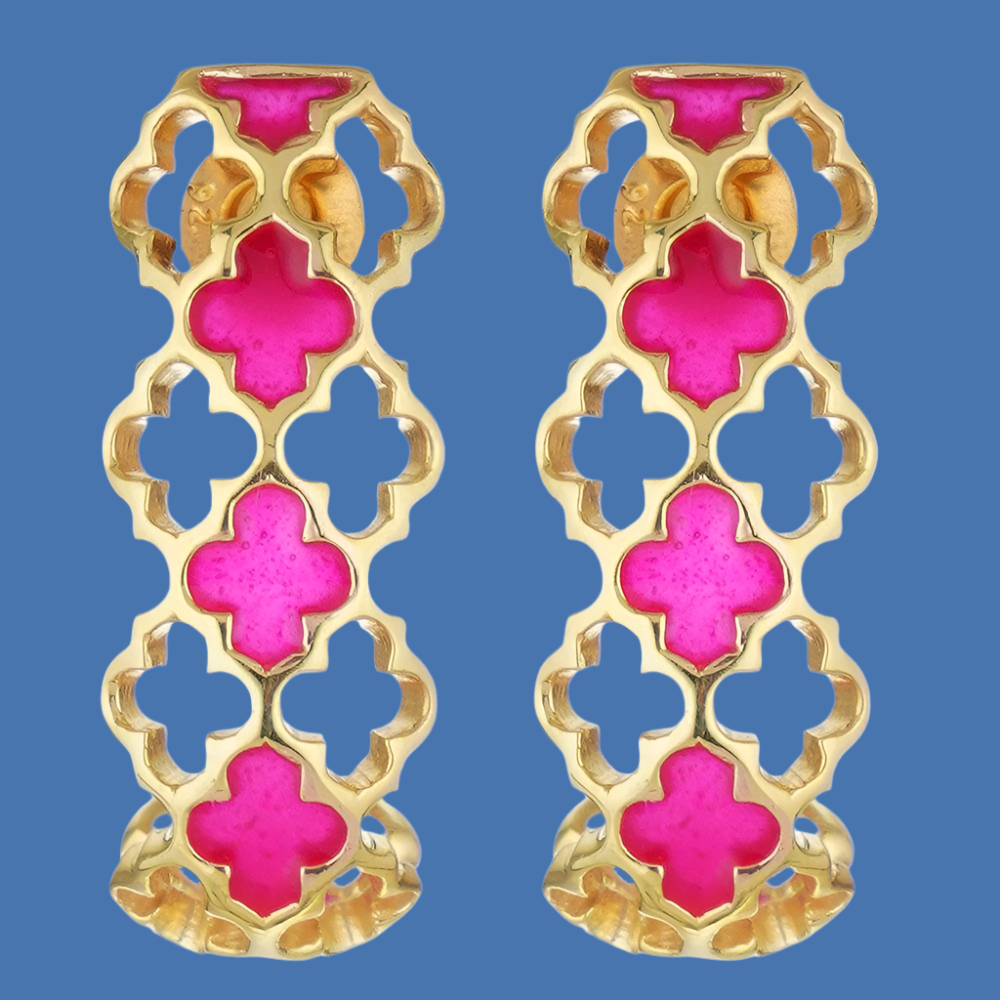 Lattice Gold-Plated Silver Half Hoop Earrings in Pink