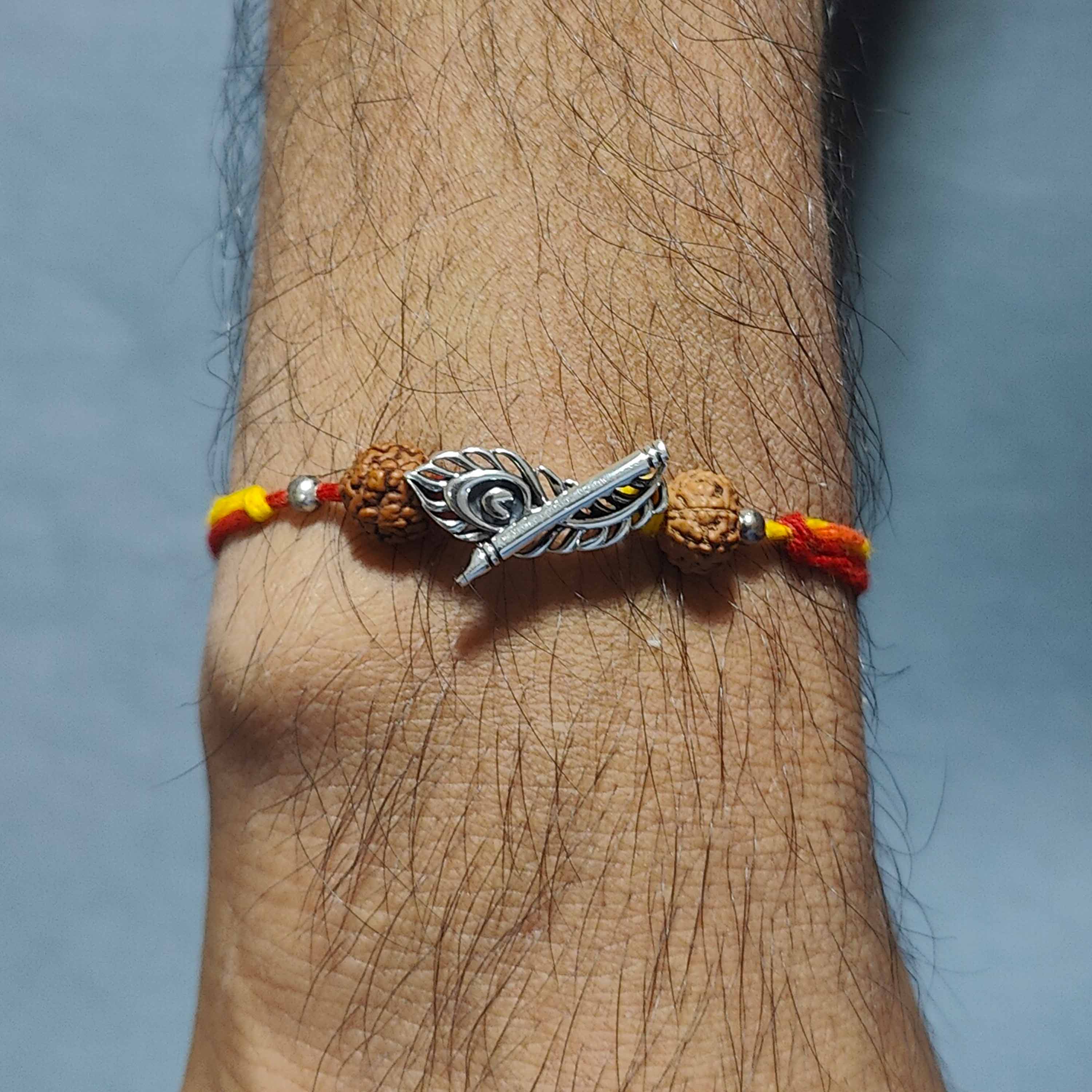 Krishna Murali Silver Pendant Moli Rakhi Bracelet