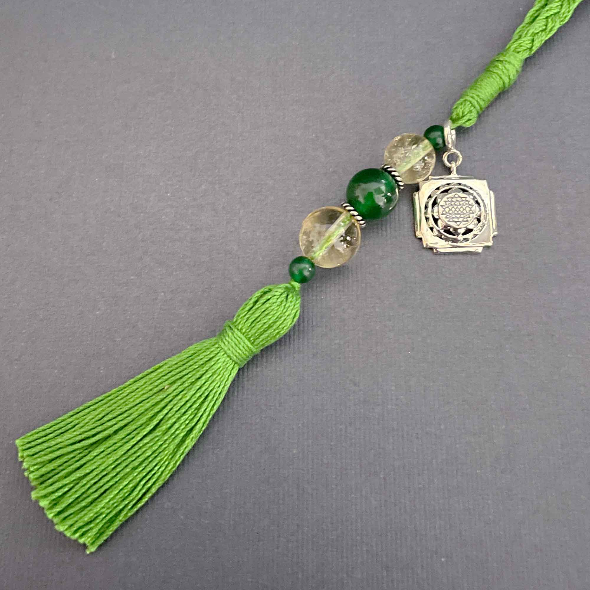 Shri Yantra Silver Charm with Citrine & Green Jade Charmholder Lumba Rakhi