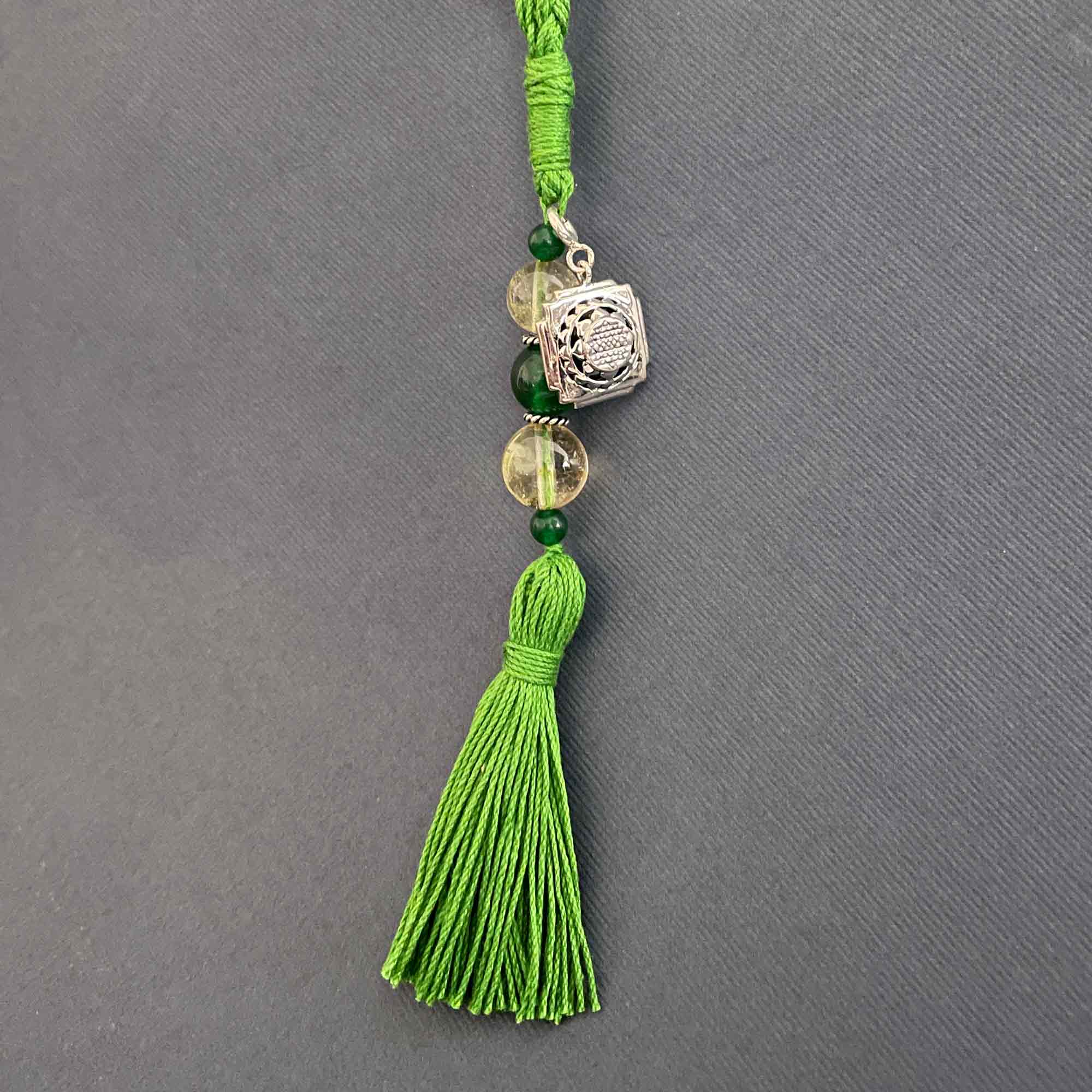Shri Yantra Silver Charm with Citrine & Green Jade Charmholder Lumba Rakhi