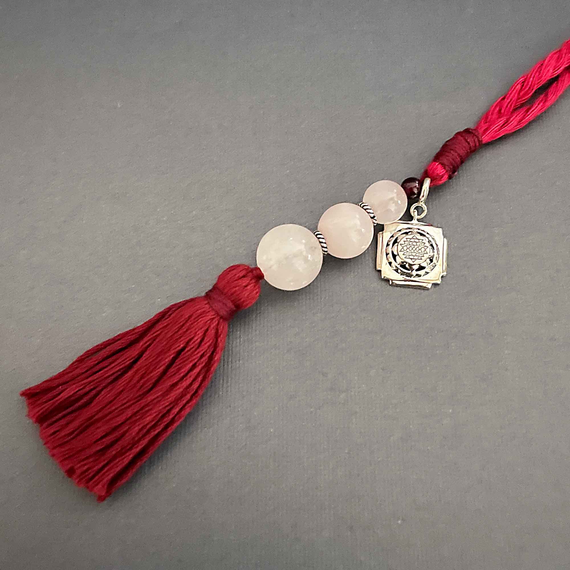 Shri Yantra Silver Charm with Rose Quartz Charmholder Lumba Rakhi