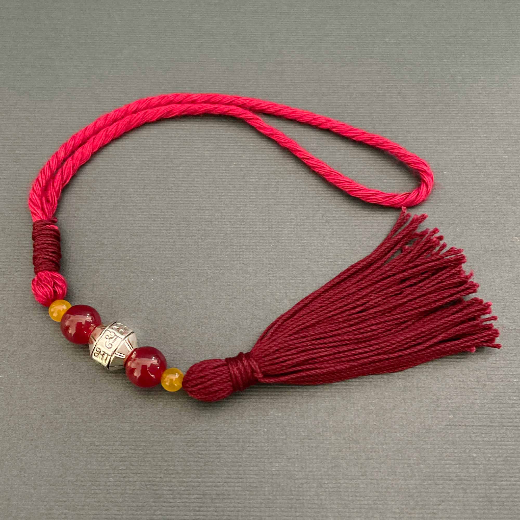 Shubhashish Silver Bead Lumba Rakhi with Pink and Yellow Jade