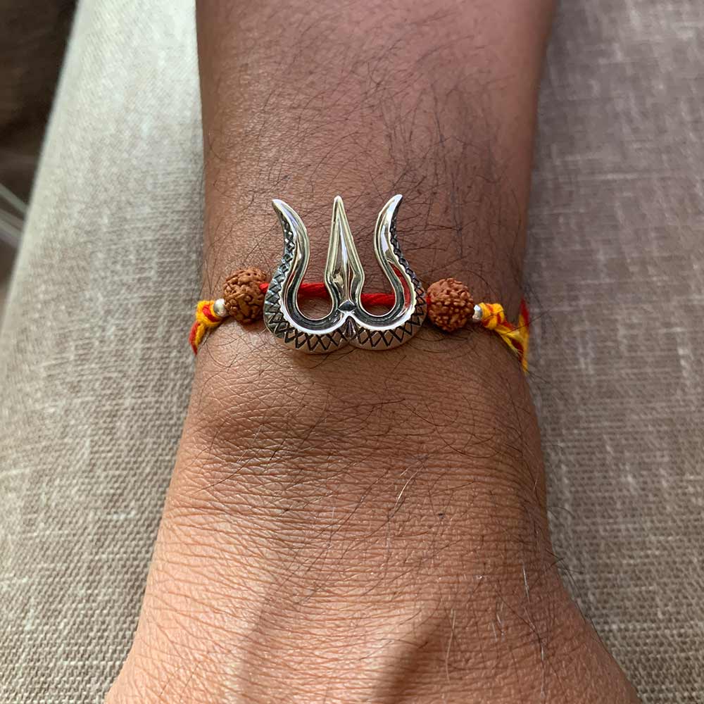 Trishul Textured Silver Pendant Rudraksha Moli Rakhi Bracelet