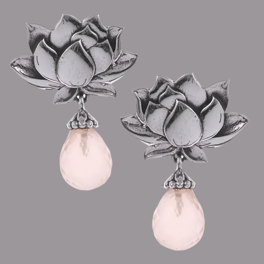 Water Lily Silver Earrings in Rose Quartz