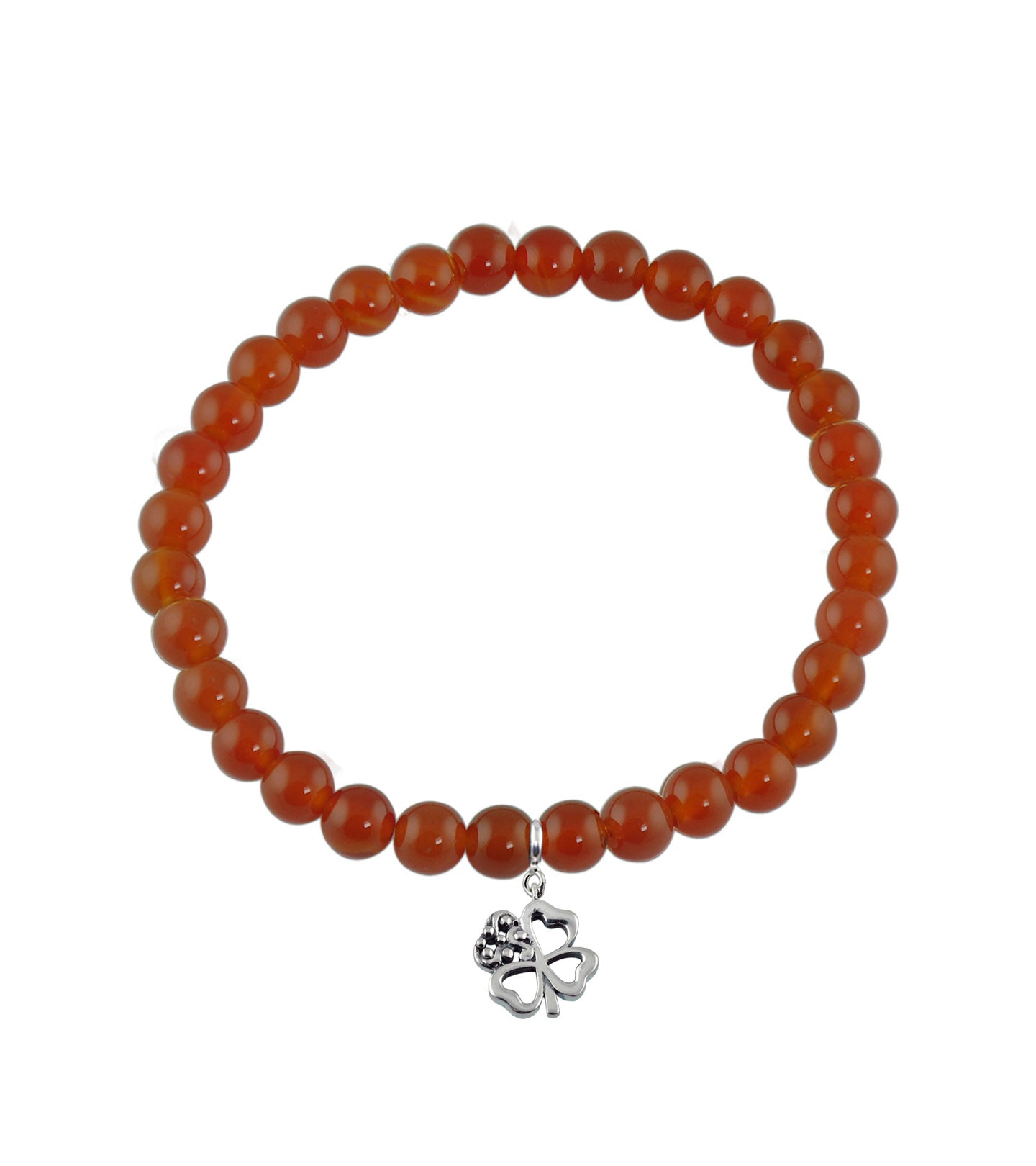 Good Luck Clover Silver Charm with Red Onyx Elastic Bead Bracelet