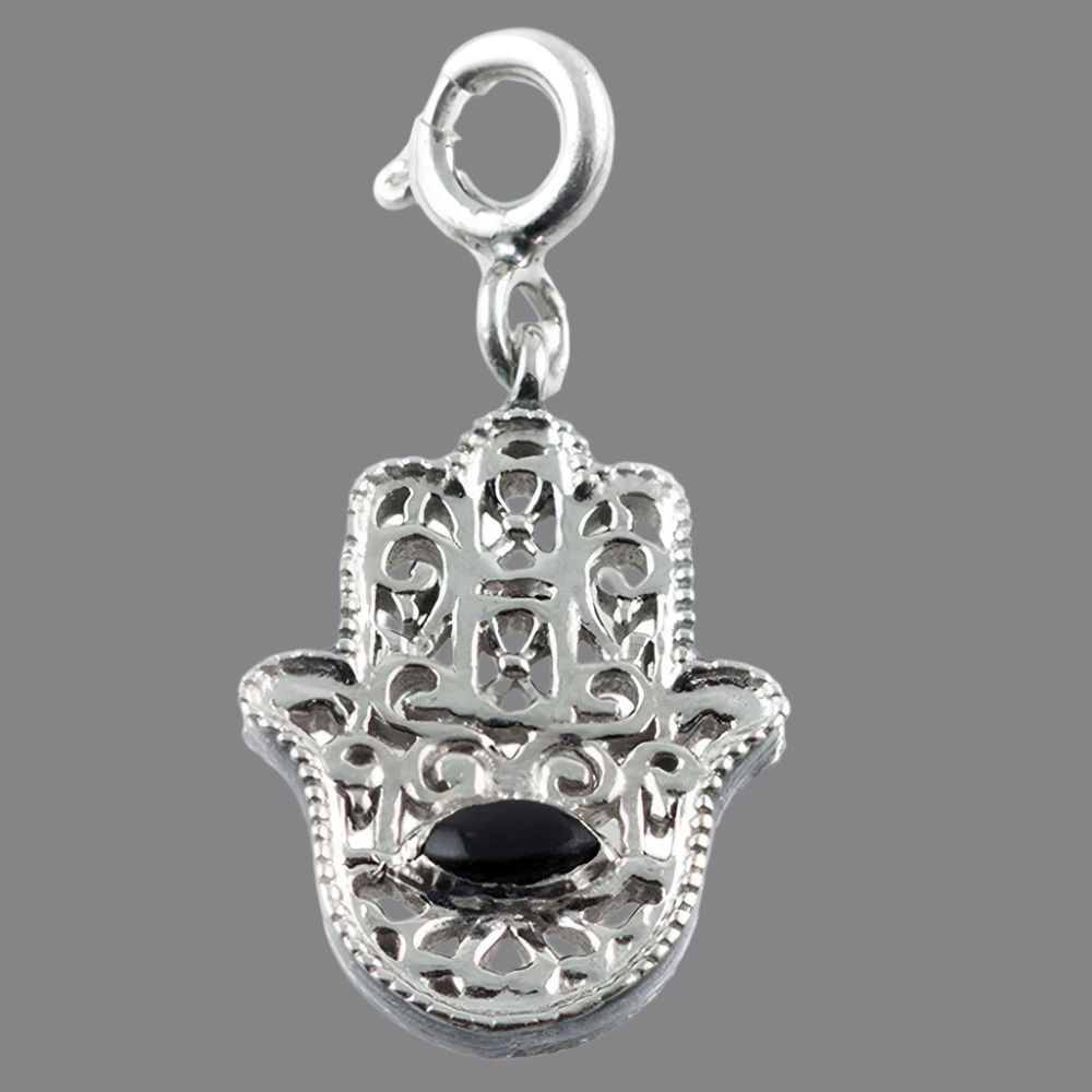 Hamsa Silver Charm with Black Onyx