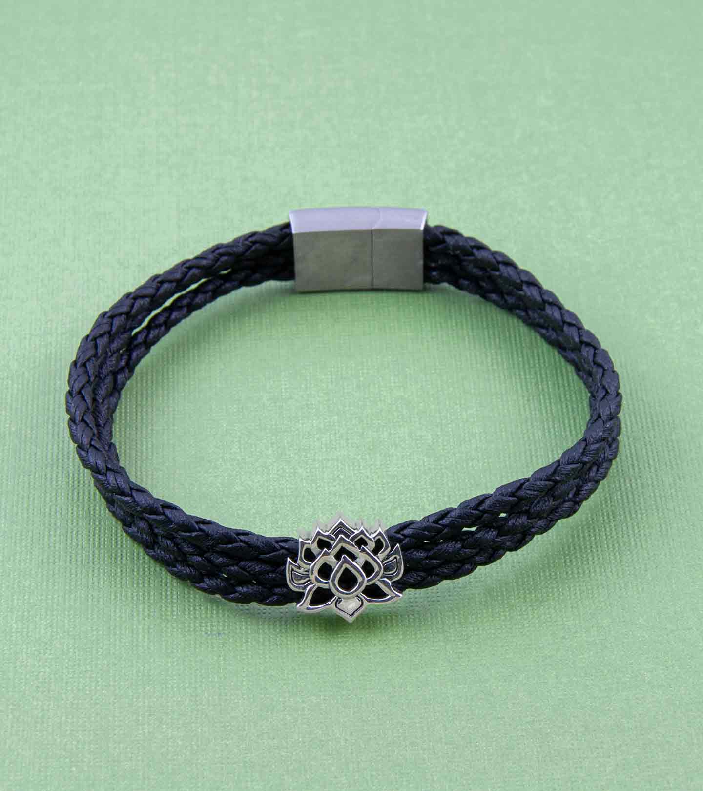 Lotus of Enlightenment Story Bead with Triple Layer Faux Leather Magnetic Clasp Bracelet