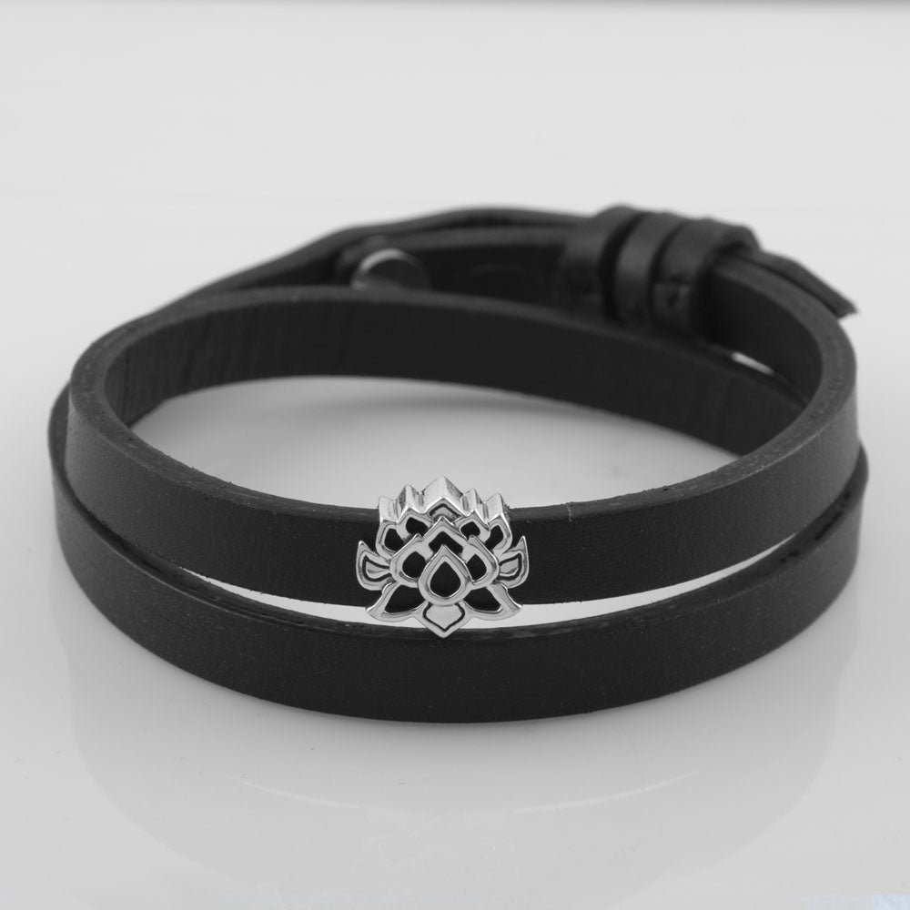 Lotus of Enlightenment Silver Story Bead with Double Wrap Black Leather Band Bracelet