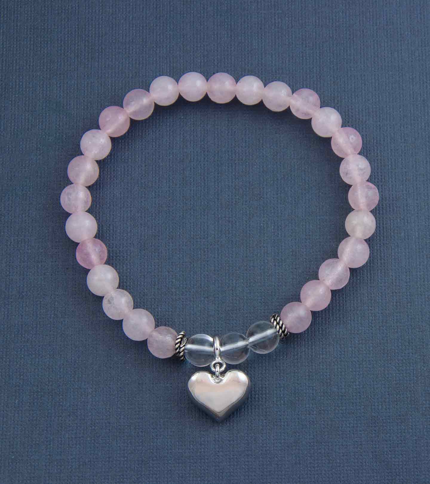 Loving Heart Silver Charm with Love is Love Rose Quartz and Crystal Quartz Bead Bracelet