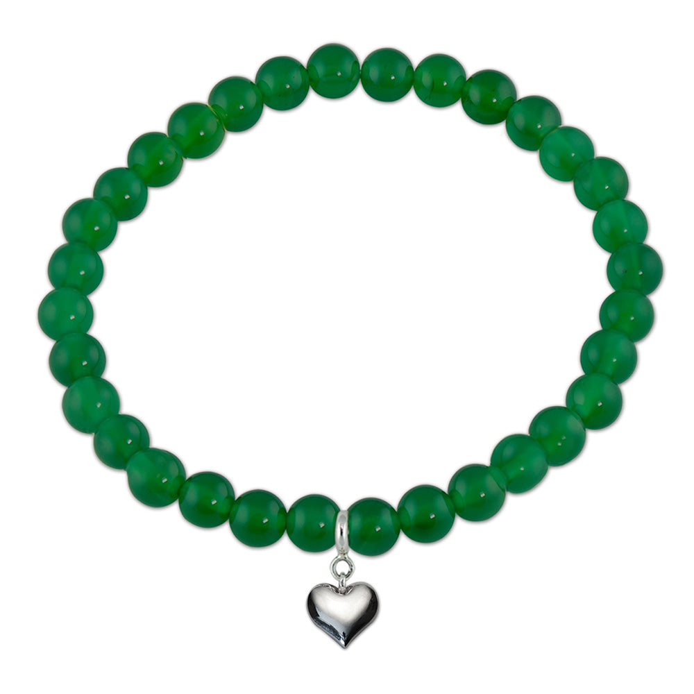 Loving Heart Silver Charm Green Onyx Bead Bracelet