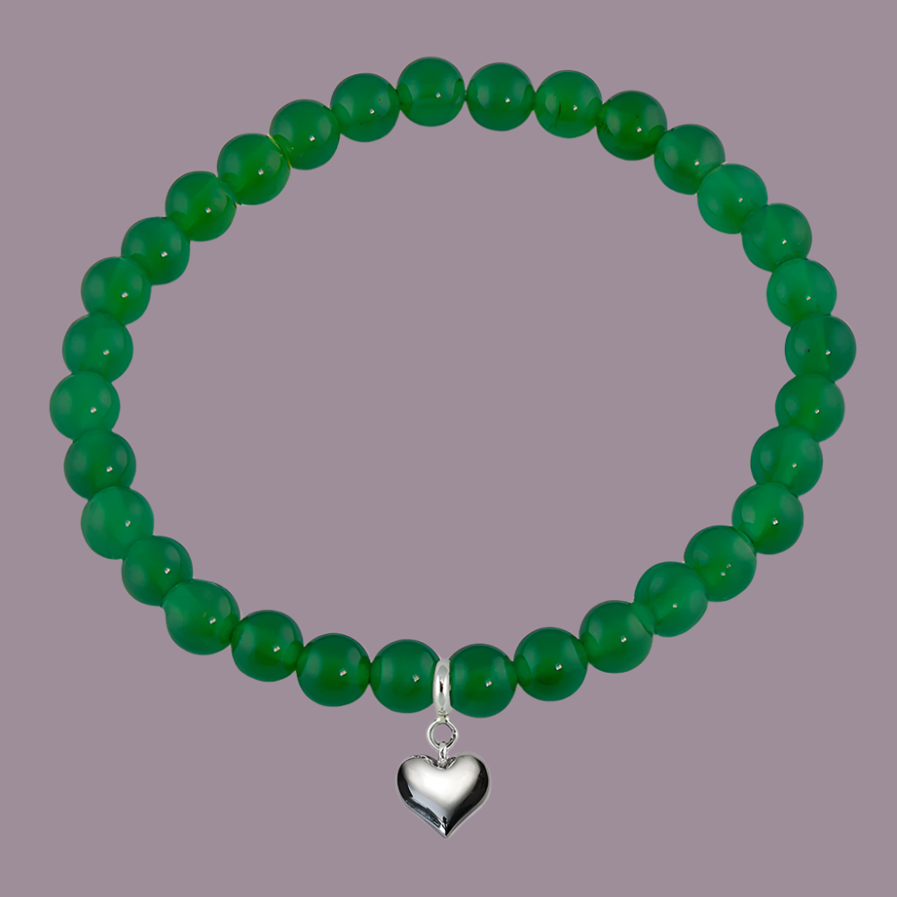 Loving Heart Silver Charm Green Onyx Bead Bracelet
