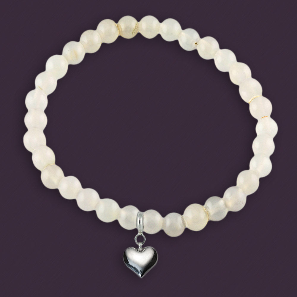 Loving Heart Silver Charm with White Onyx Elastic Bead Bracelet