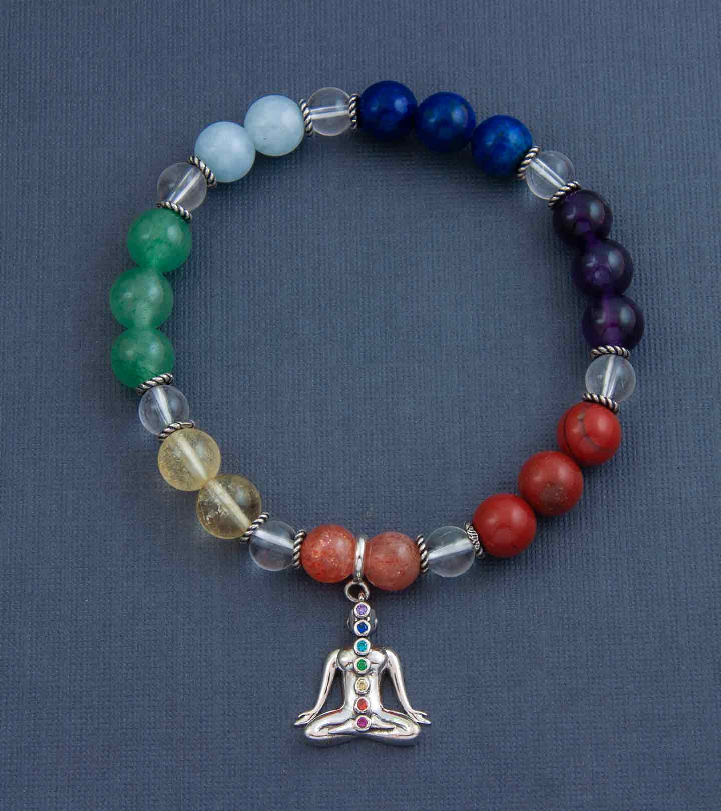 Seven Chakras Silver Charm with Multi Stone Seven Chakra Bead Bracelet