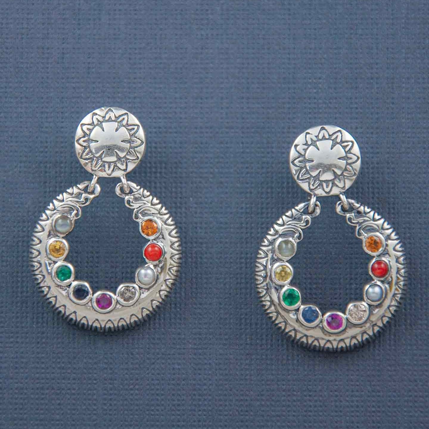 Navratna Gemstone Silver Post Dangler Earrings