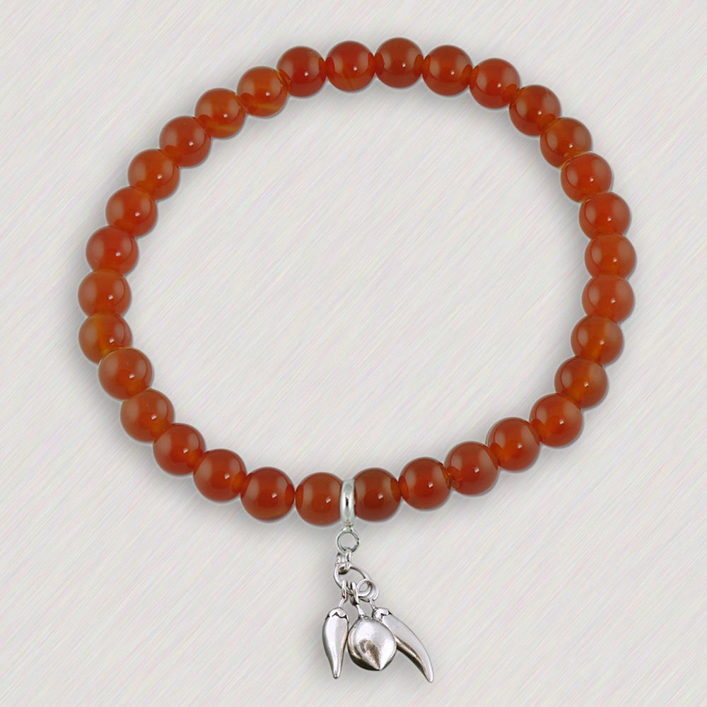 Nimbu Mirchi Silver Charm with Red Onyx Elastic Bead Bracelet