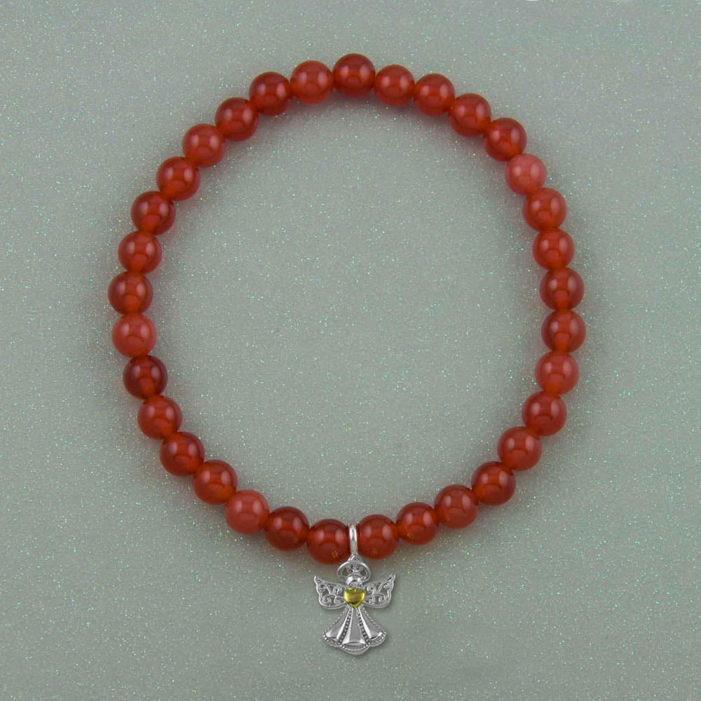 Protect My Heart Angel Silver Charm Red Onyx Bead Bracelet