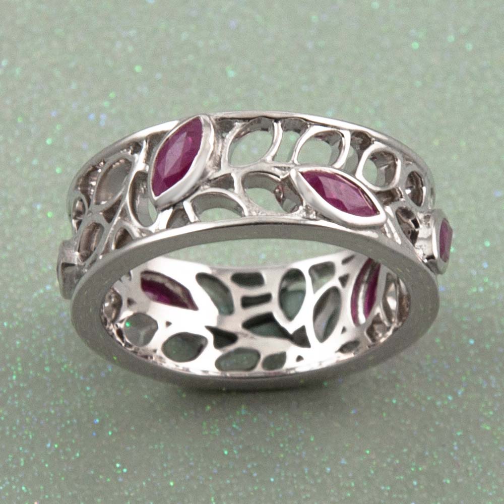 Zaynah Flowering Leaves Gemstone Silver Band Ring in Ruby-14