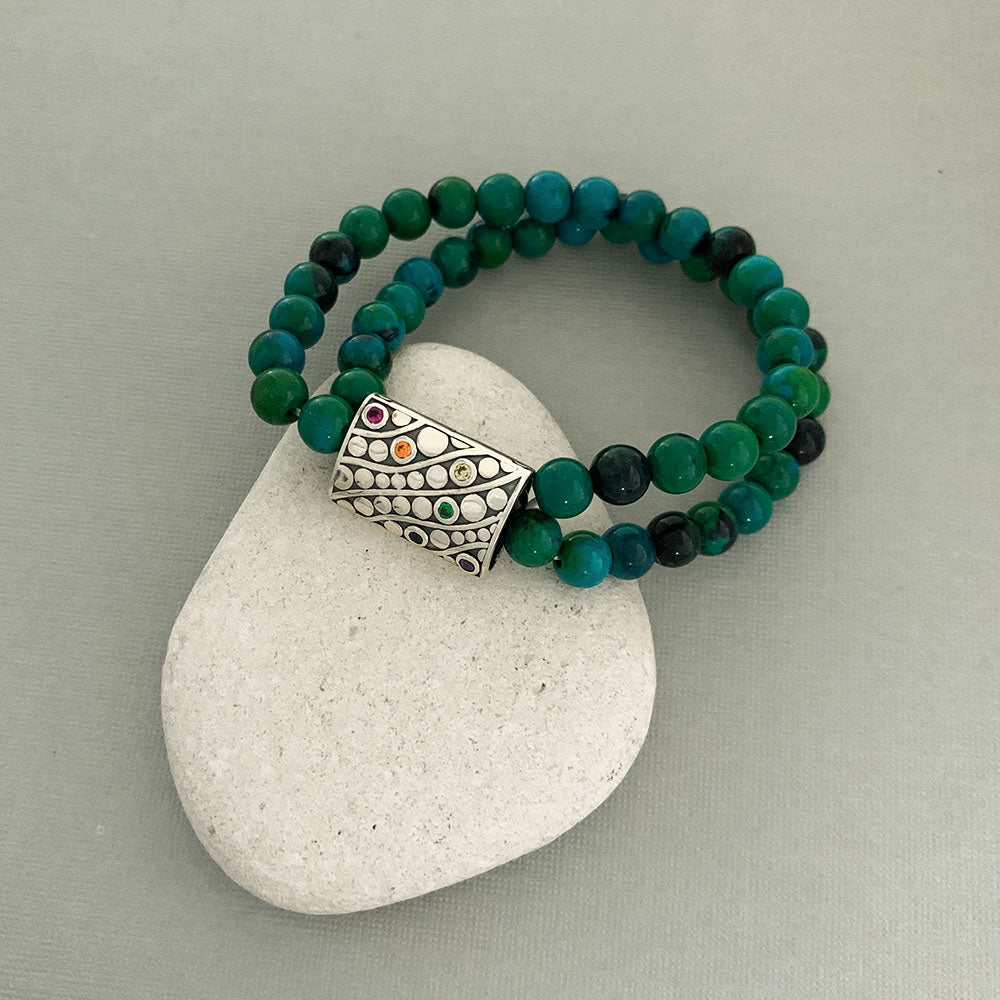 Rainbow Spectrum X Silver Story Bead with Double Layer Elastic Bead Bracelet in Azurite