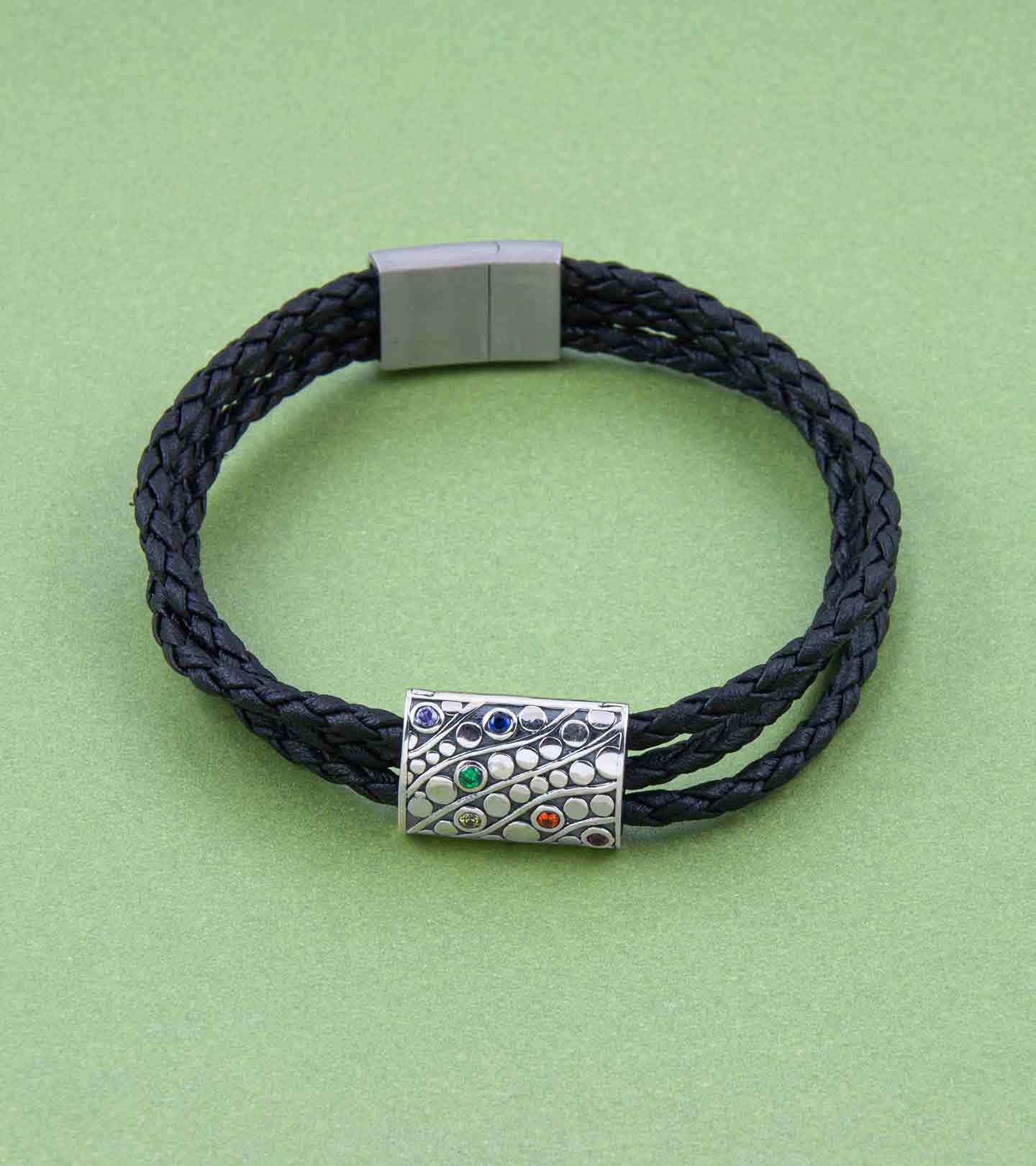 Rainbow Spectrum Silver Story Bead with Triple Layer Faux Leather Magnetic Clasp Bracelet