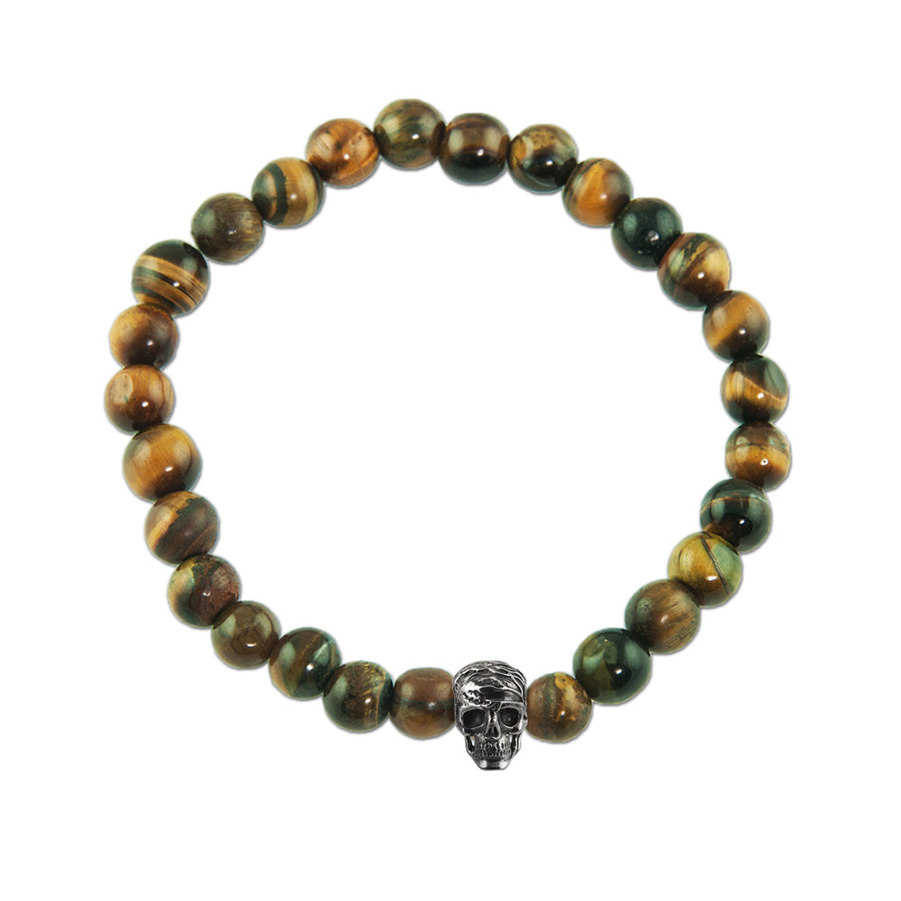 Afterlife Skull Silver Bead with Tiger's Eye Bead Bracelet