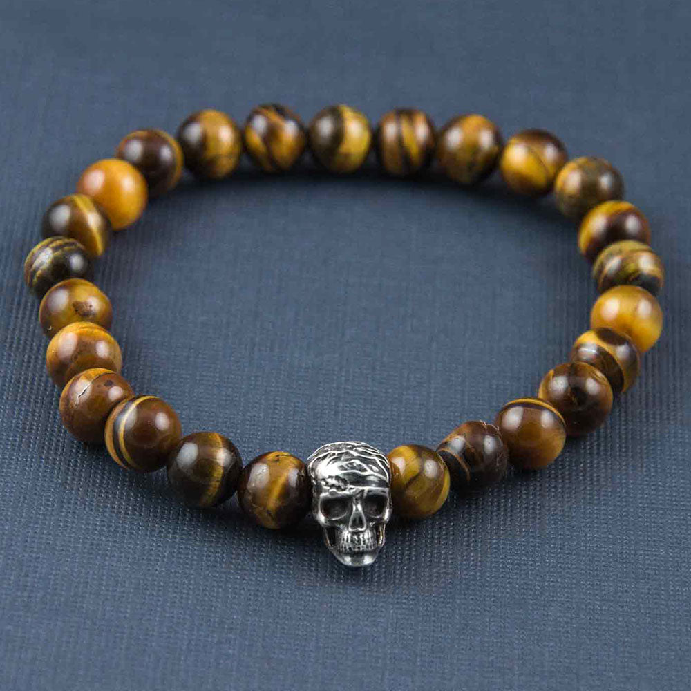 Afterlife Skull Silver Bead with Tiger's Eye Bead Bracelet