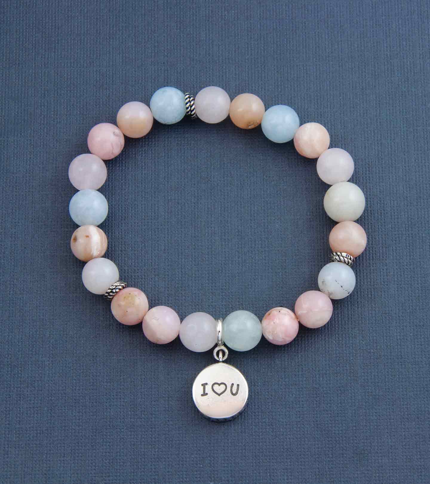 I ♡ U Love Charm with Universal Love Pink Opal & Morganite Gemstone Bead Bracelet