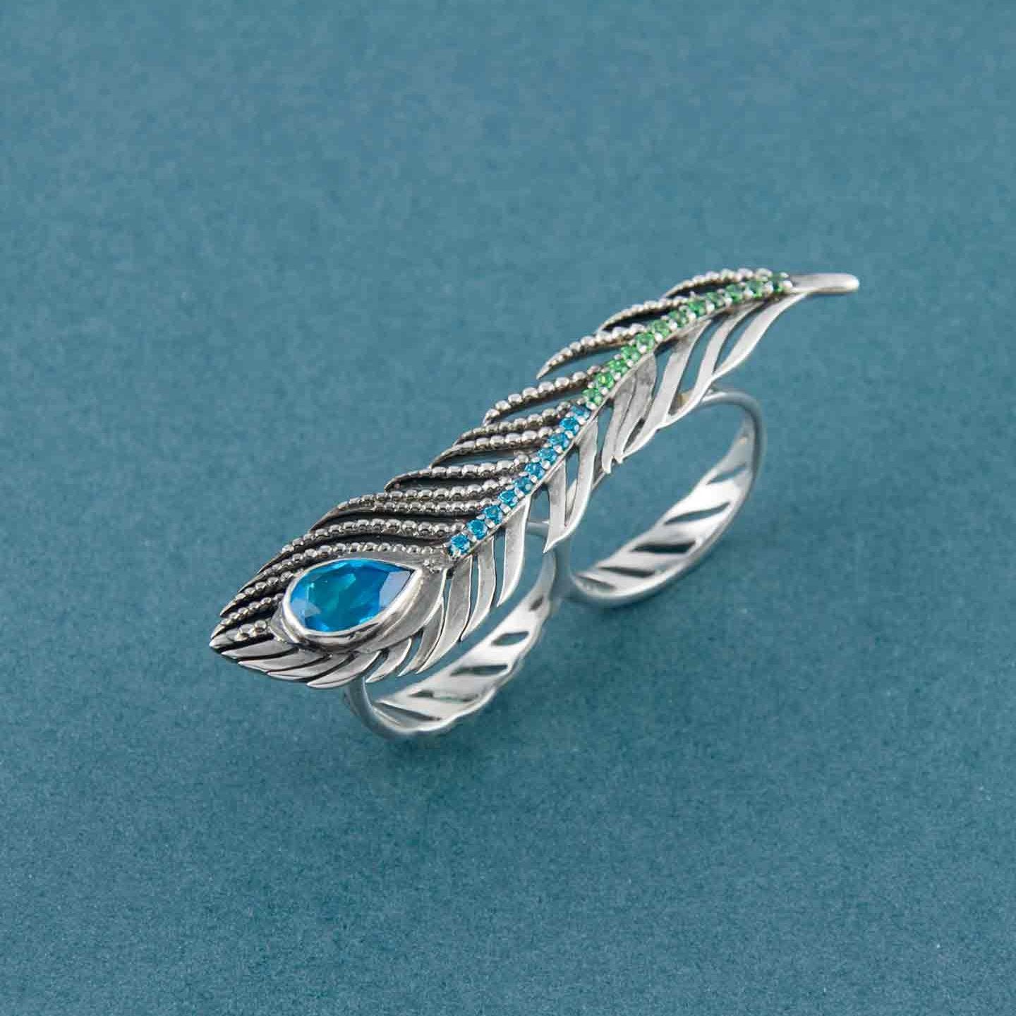 Vivid Plume Twin-Finger Silver Gemstone Ring - 14