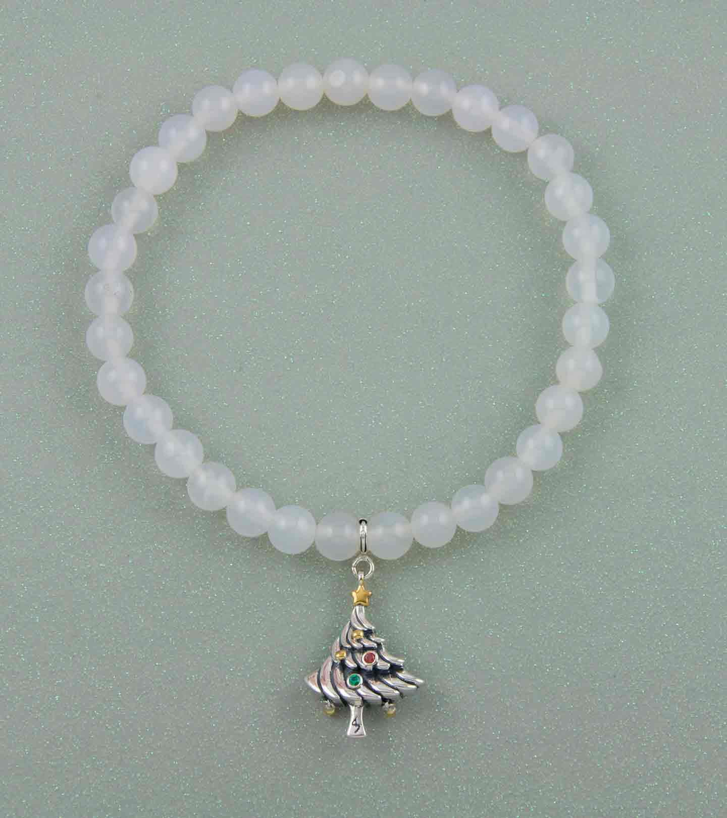 Oh Christmas Tree Silver Charm with White Onyx Elastic Bead Bracelet