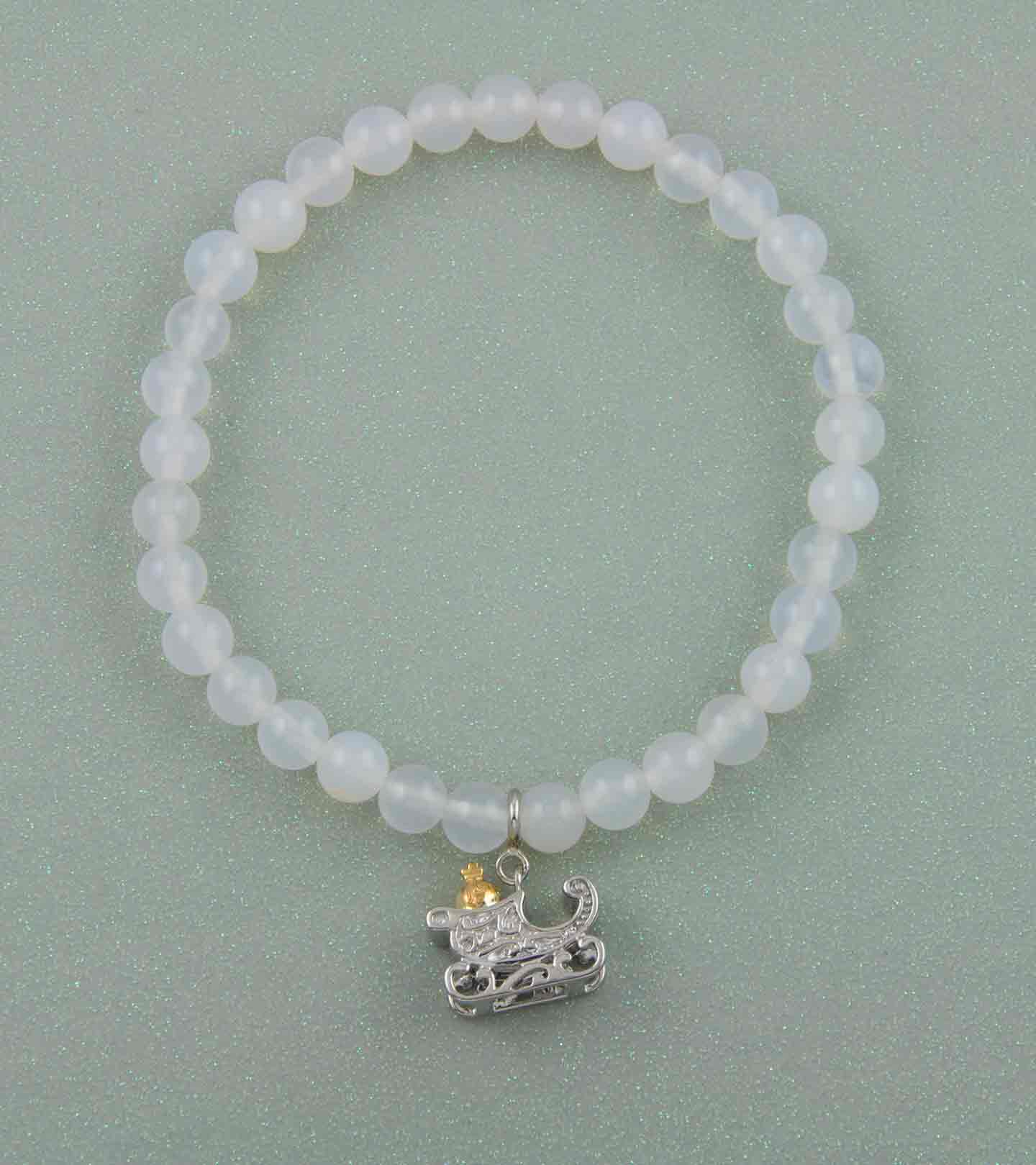 Santa's Sleigh Silver Charm with White Onyx Elastic Bead Bracelet