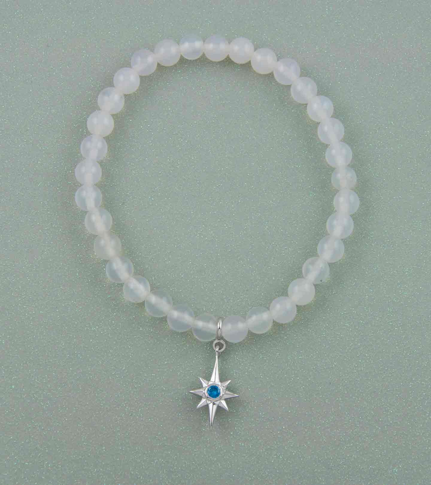 Shining Bright North Star Silver Charm with White Onyx Elastic Bead Bracelet