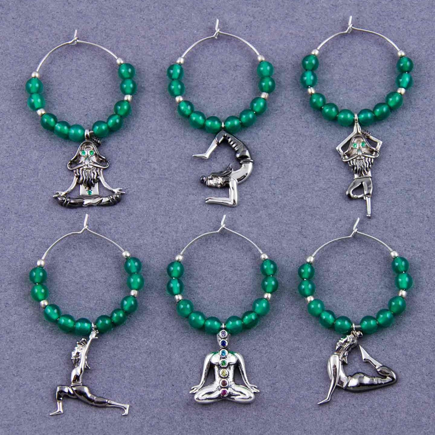 Yogi Chakras Silver Wineglass Charms Set in Green Onyx