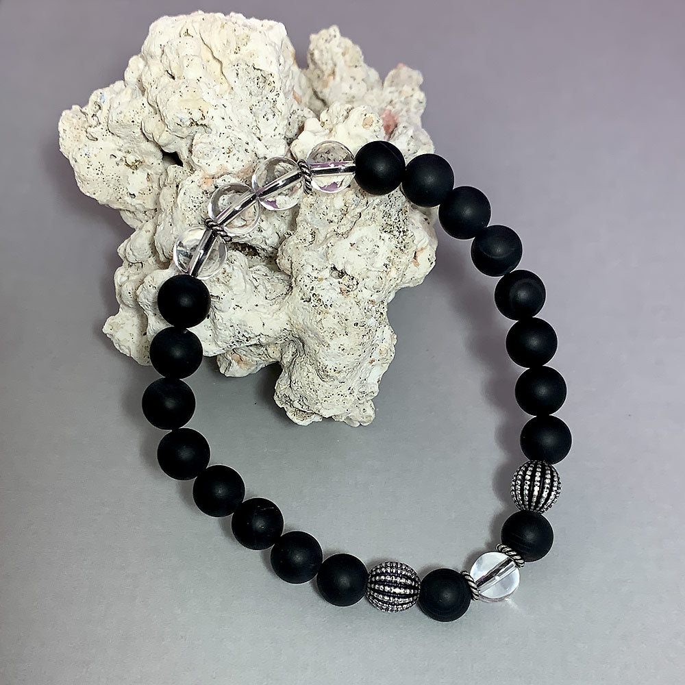 April Birthstone Healing Bracelet in Crystal Quartz and Black Agate