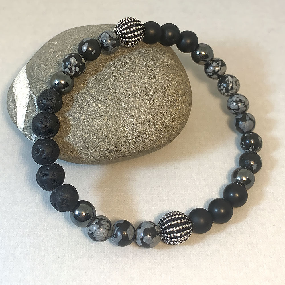 Centre Yourself Gemstone Elastic Bead Bracelet with Snowflake Obsidian, Hematite, Black Agate & Lava-Small to Medium