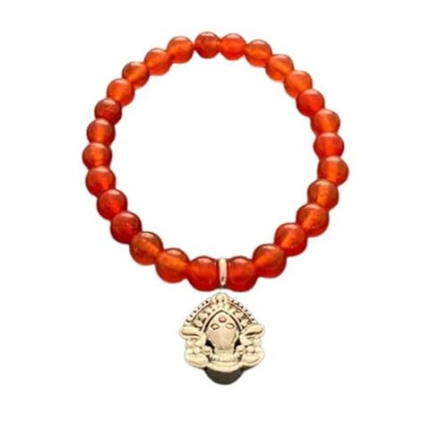 Durga Aashirwaad Silver Charm on Red Onyx Elastic Bead Bracelet