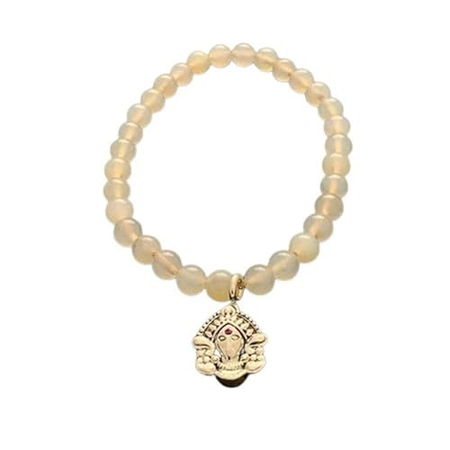 Durga Aashirwaad Silver Charm on White Onyx Elastic Bead Bracelet