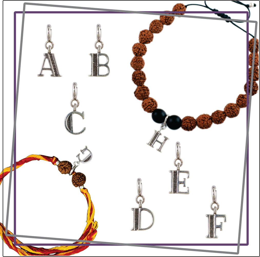 Choose Your English Alphabet Silver Charm Rudraksh Rakhi Bracelet