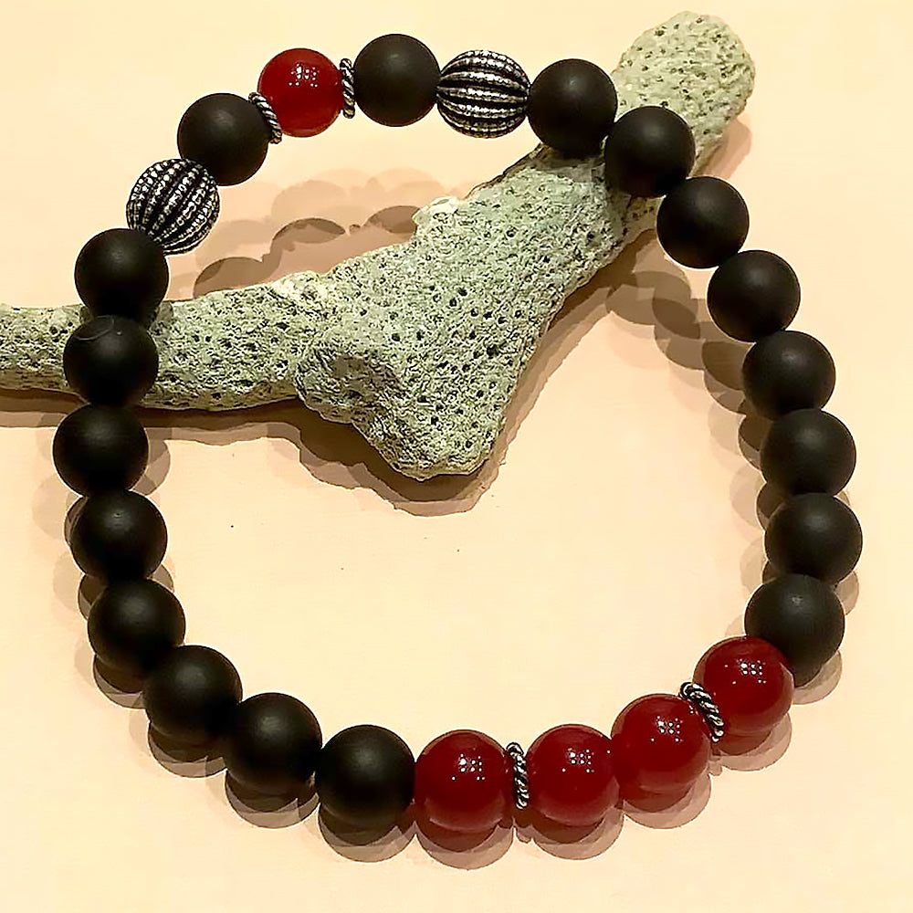 July Birthstone Healing Bracelet in Pink Jade and Black Agate